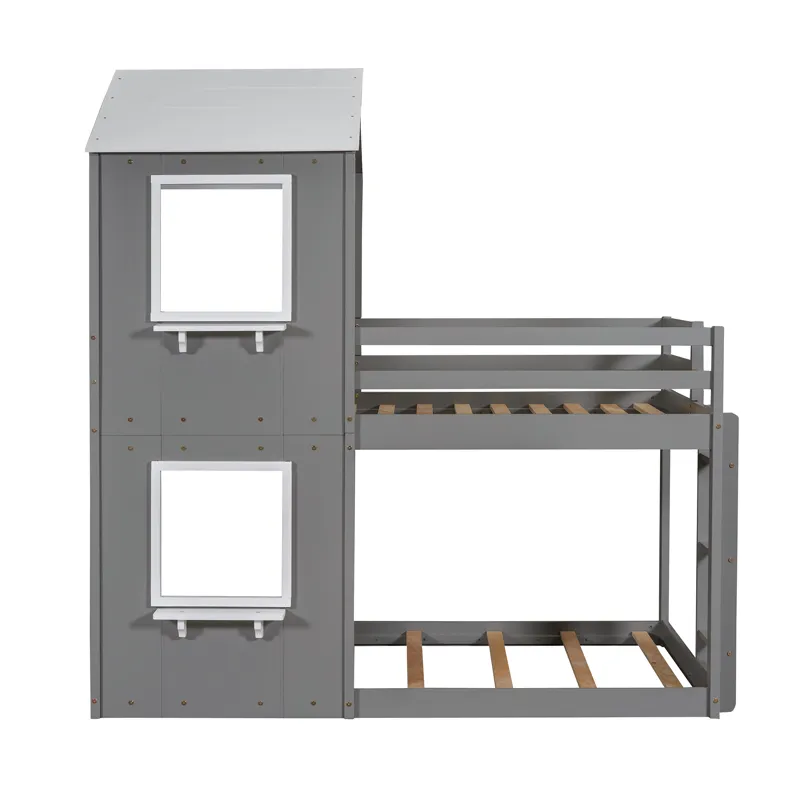 Twin Over Twin Bunk Bed Wood Bed With Roof, Window, Guardrail, Ladder - White