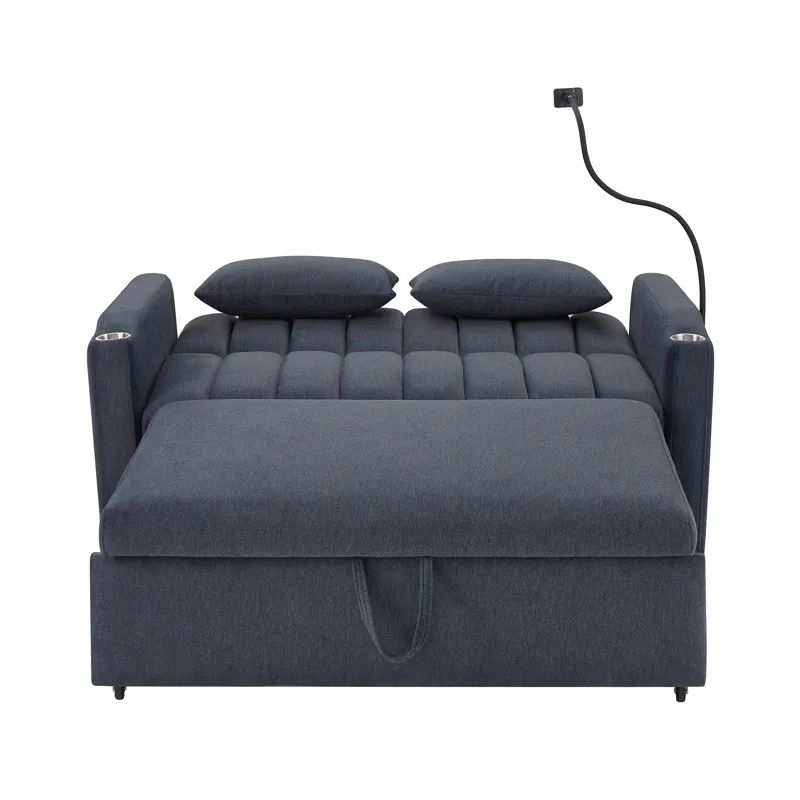 Convertible Sofa Bed Loveseat Sofa With Three USB Ports, Two Side Pockets, Two Cup Holders And 360° 