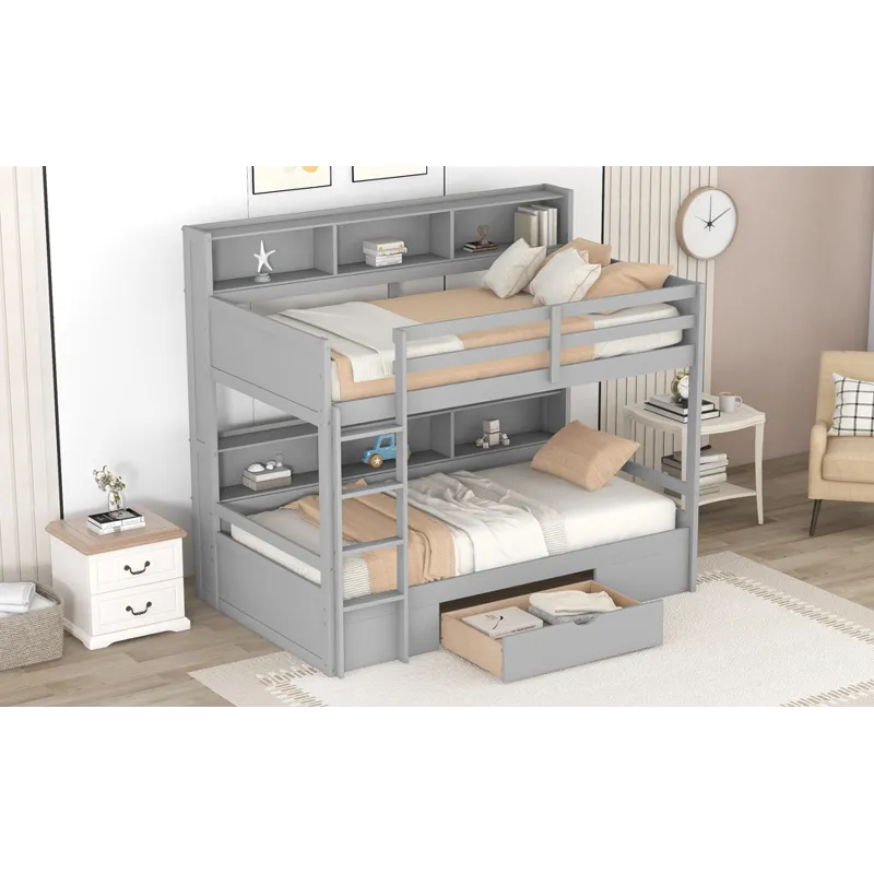 Twin Size Bunk Bed With Built-In Shelves Beside Both Upper And Down Bed And Storage Drawer - Gray