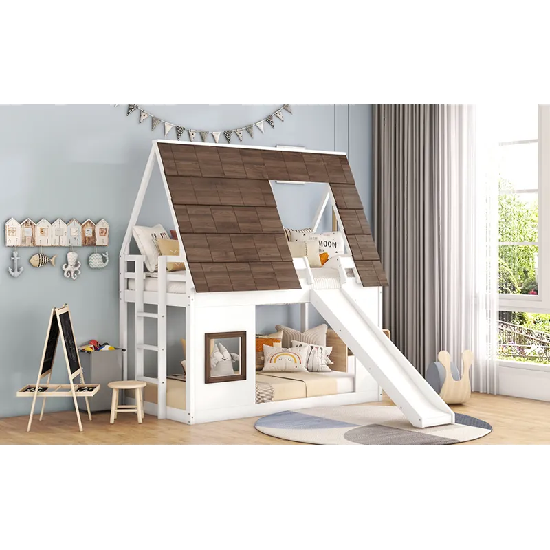 Wood Twin Size House Bunk Bed With Roof, Ladder And Slide - White / Brown