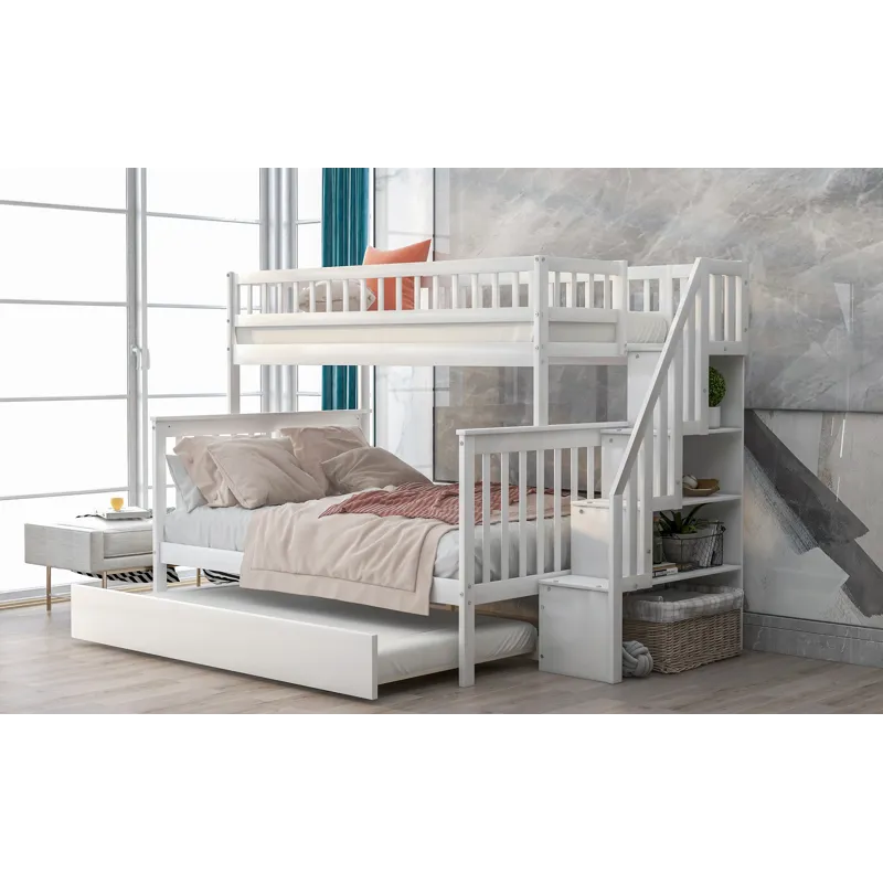 Twin Over Full Bunk Bed With Trundle And Staircase - White