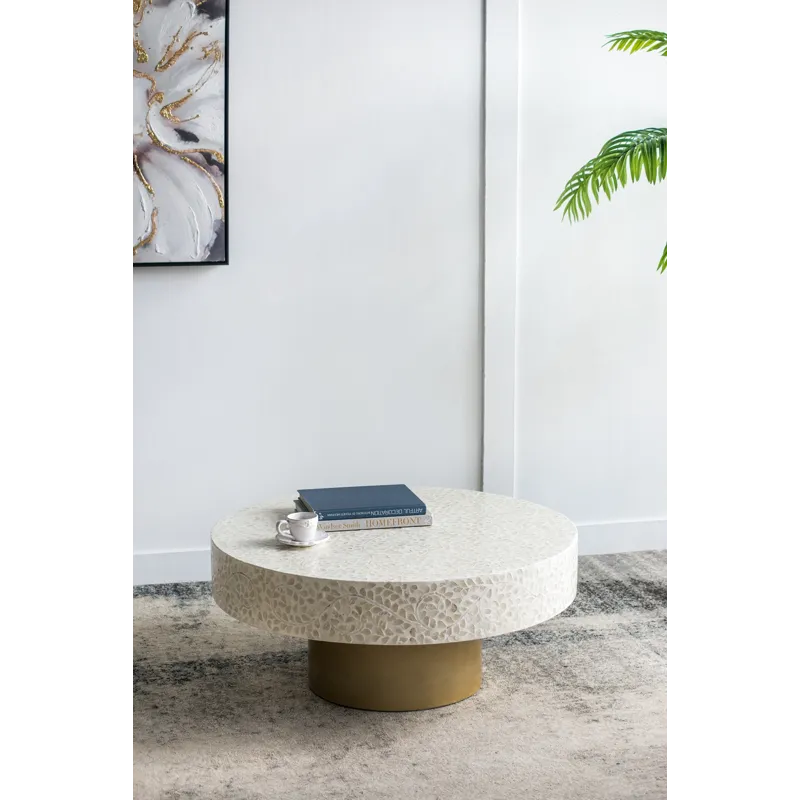 Unique Capiz Coffee Table With Pedestal Base - Cream / Gold
