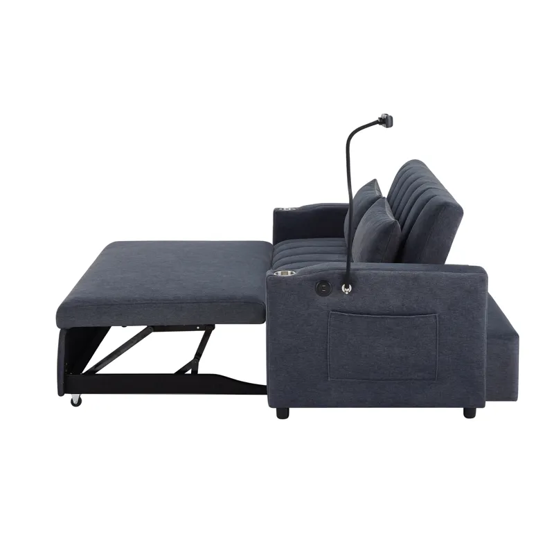 Convertible Sofa Bed Loveseat Sofa With Three USB Ports, Two Side Pockets, Two Cup Holders And 360° 