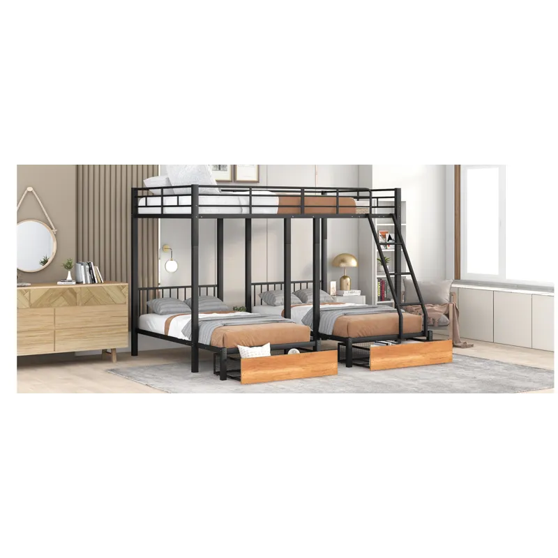 Full Over Twin & Twin Bunk Bed, Metal Triple Bunk Bed With Drawers And Guardrails - Black