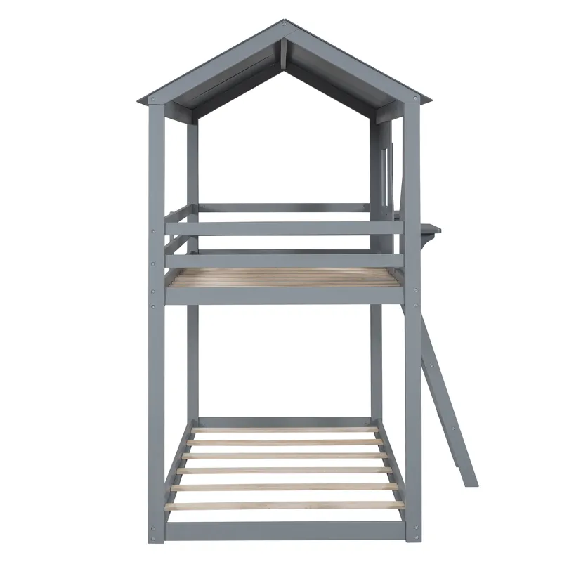 78\" Twin Over Twin Bunk Bed Wood Bed With Roof, Window, Guardrail, Ladder - Gray