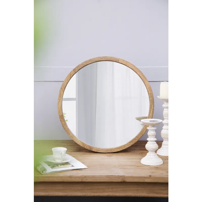 Circle Wall Mirror With Wooden Frame, Wall Mirror For Living Room - Brown