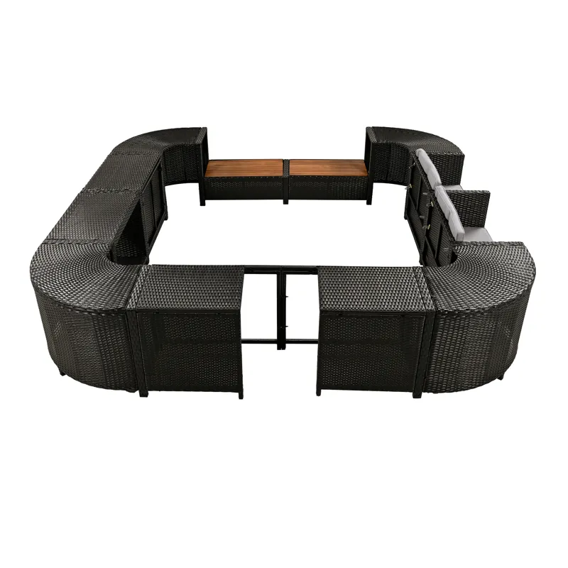 Spa Surround Spa Frame Quadrilateral Outdoor Rattan Sectional Sofa Set With Mini Sofa, Wooden Seats 