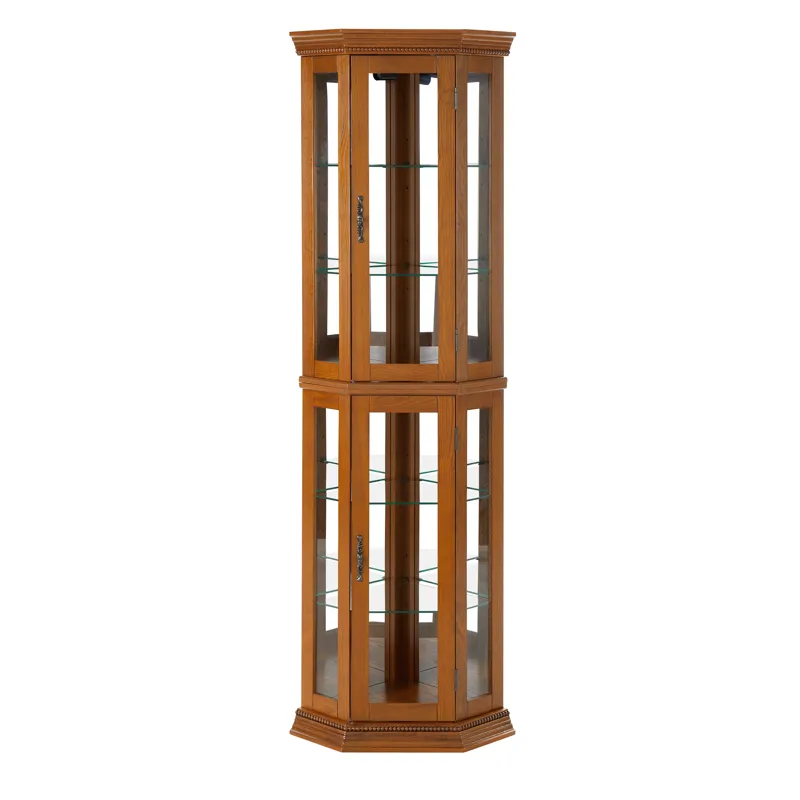 Corner Curio Cabinet With Lights, Adjustable Tempered Glass Shelves, Mirrored Back, Display Cabinet (E26 Light Bulb Not Included) - Oak