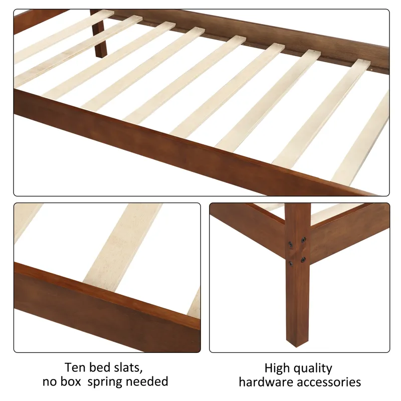 Twin Size Platform Bed With Headboard And Wooden Slat Support Walnut