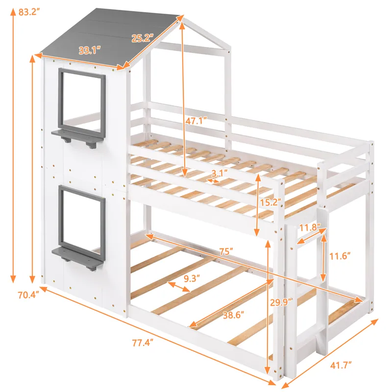 Twin Over Twin Bunk Bed Wood Bed & Roof, Window, Guardrail, Ladder - White