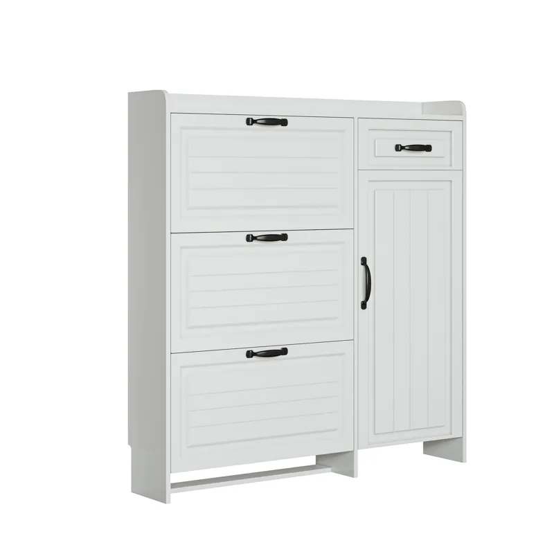 Shoe Cabinet With 4 Doors 1 Drawers, PVC Door With Shape, Large Space For Storage - White