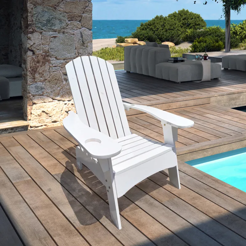 Outdoor Or Indoor Wood Adirondack Chair With An Hole To Hold Umbrella, On The Arm - White