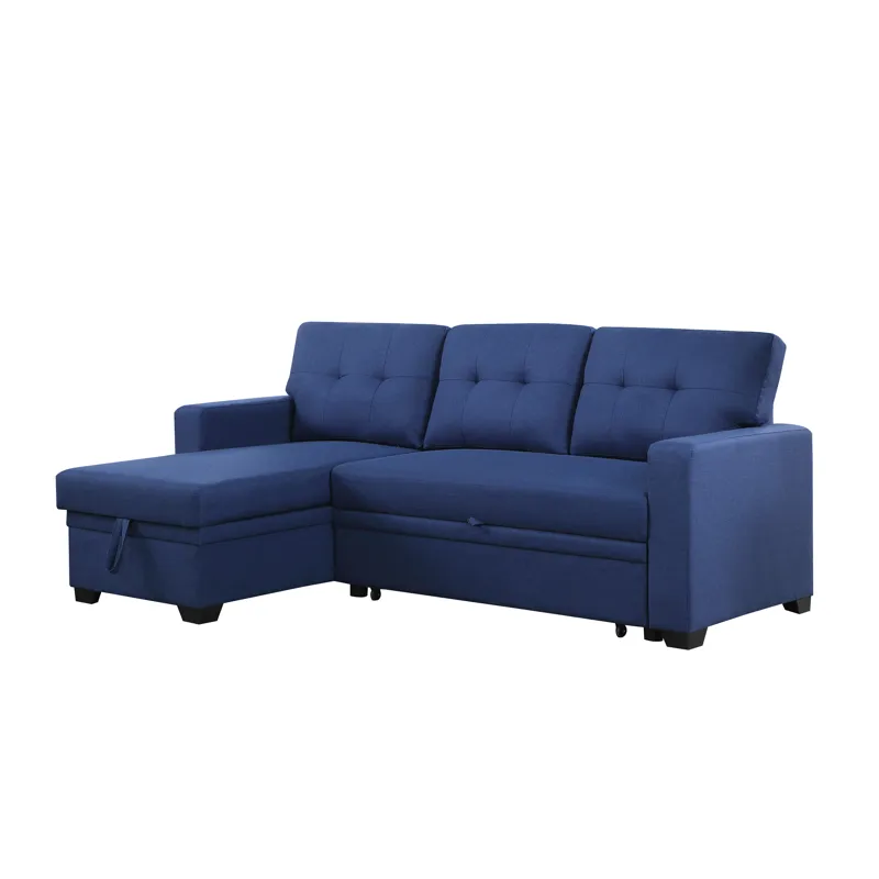 Upholstered Pull Out Sectional Sofa With Chaise - Blue