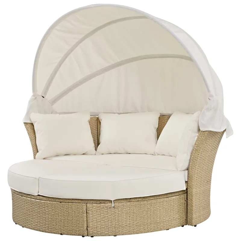 Outdoor Patio Daybed Wicker Rattan Double Daybed Round Sofa Furniture Set With Retractable Canopy, 4
