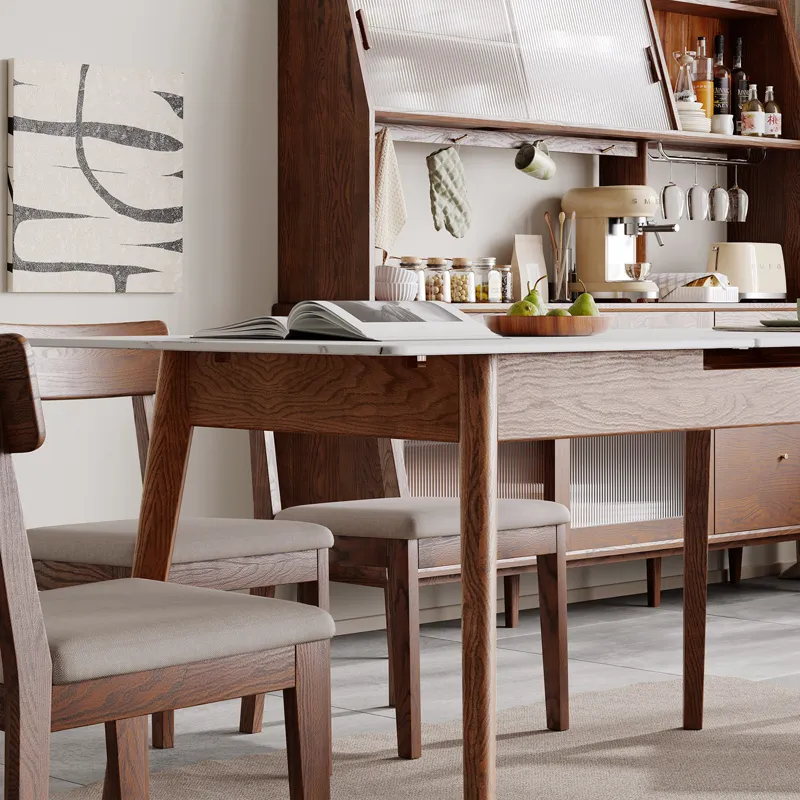 Round Corner Diagonal Leg Telescopic Table For 6 - 8 People To Meet Dining Table - White / Walnut