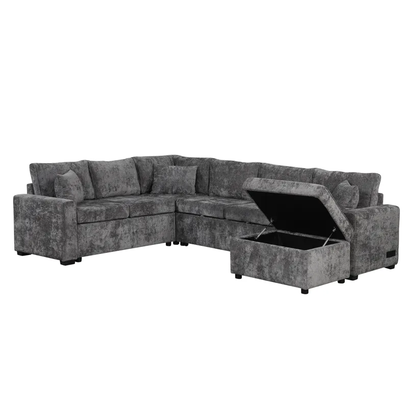 Sectional Sofa Pull-Out Sofa Bed Sleeper With A Storage Ottoman, Three Pillows And Charging Devices 
