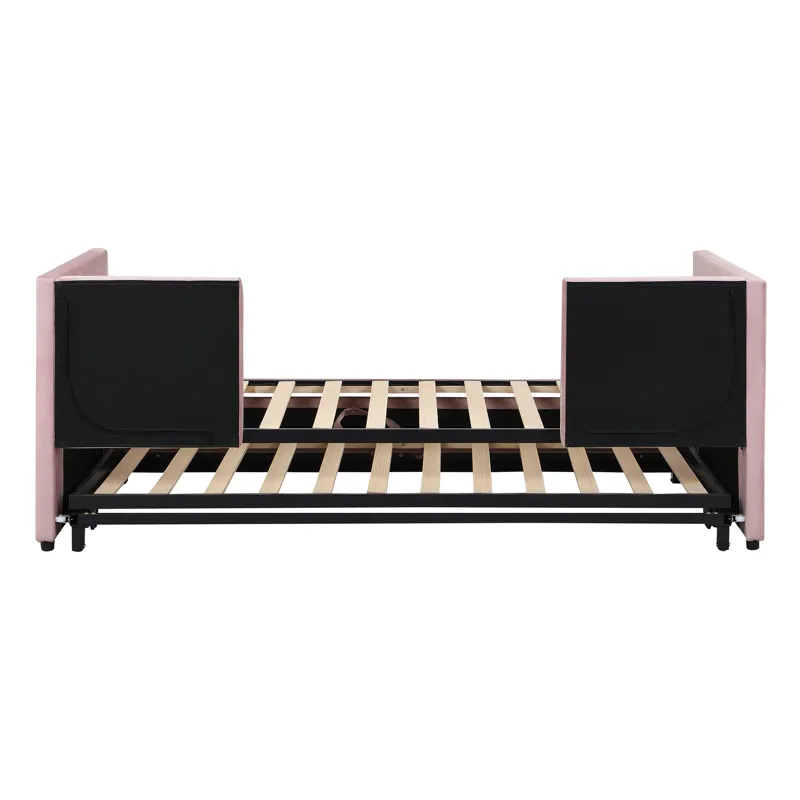 Twin Size Upholstered Daybed With Pop Up Trundle - Pink