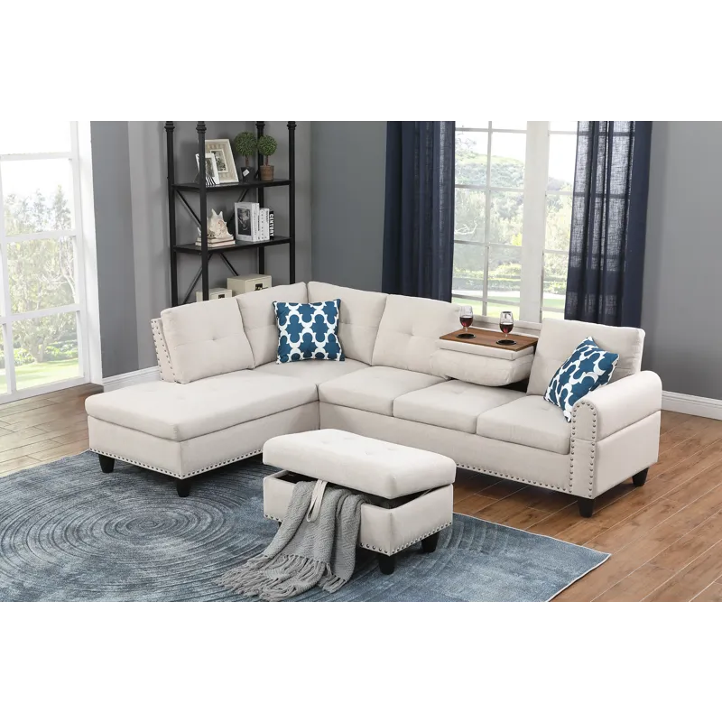 Alger - 98\" Wide Left Hand Facing Sofa & Chaise With Ottoman - Beige