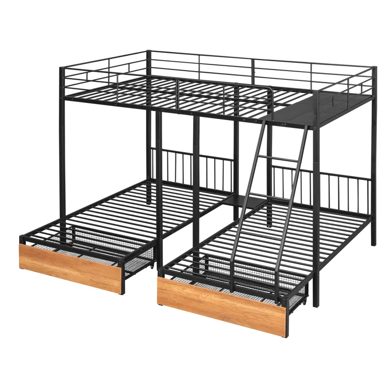 Full Over Twin & Twin Bunk Bed, Metal Triple Bunk Bed With Drawers And Guardrails - Black
