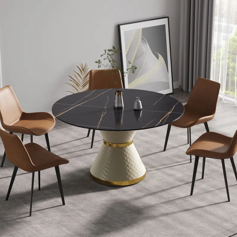 53.15\" Modern Artificial Stone Round Carbon Steel Base Dining Table, Can Accommodate 6 People - Bla