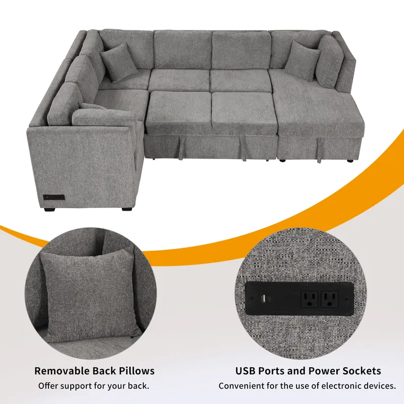 U-Shaped Sectional Sofa Pull Out Sofa Bed With Two USB Ports, Two Power Sockets, Three Back Pillows 
