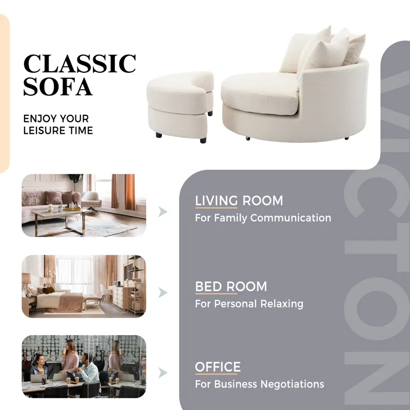 360° Swivel Accent Barrel Chair With Storage Ottoman & 4 Pillows, Modern Chenille Leisure Chair Round Accent For Living Room - Cream