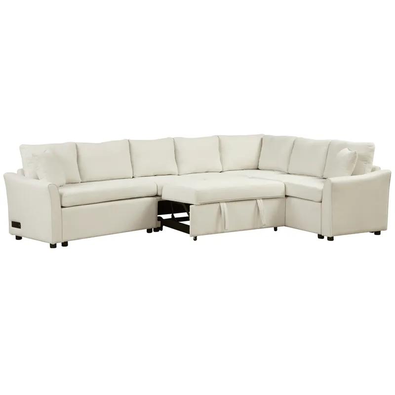 L-Shaped Sofa Convertible Sofa Bed Pull Out Sofa Sleeper With Two Back Pillows, Two USB Ports And Tw