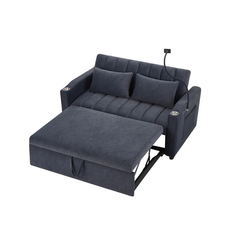 Convertible Sofa Bed Loveseat Sofa With Three USB Ports, Two Side Pockets, Two Cup Holders And 360° 