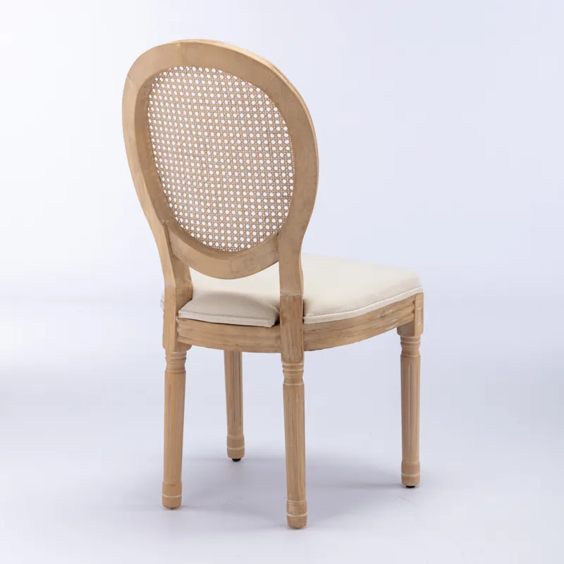 French Style Solid Wood Frame Antique Painting Linen Fabric Rattan Back Dining Chair (Set of 2) - Cr
