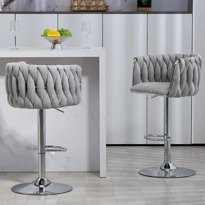 360 Degree Swivel Bar Stools Adjustable Counter Height Bar Chairs With Woven Back & Footrest, Silver