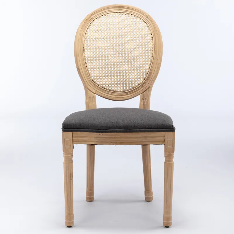 French Style Solid Wood Frame Antique Painting Linen Fabric Rattan Back Dining Chair (Set of 2) - Gr