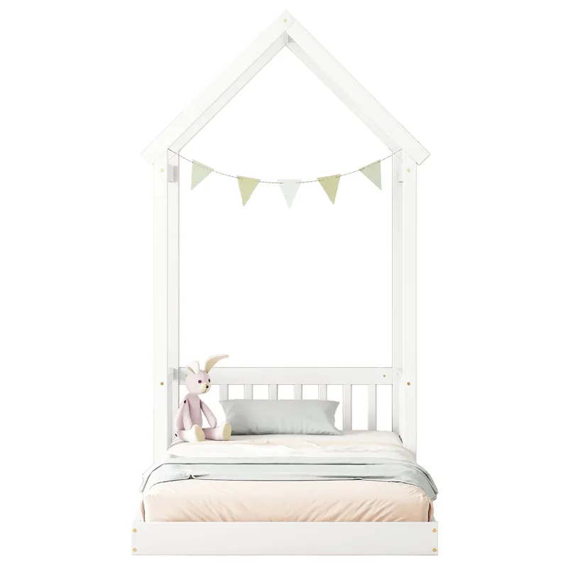 Twin House-Shaped Roof Headboard Floor Bed, (Without Slats) - White