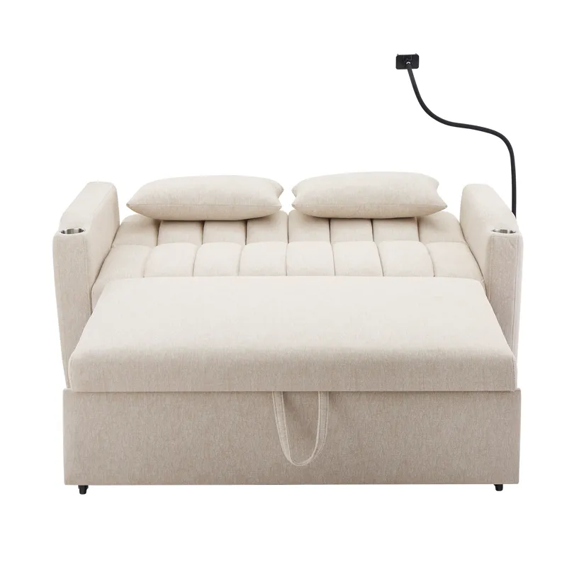 Convertible Sofa Bed Loveseat Sofa With Three USB Ports, Two Side Pockets, Two Cup Holders And 360° 