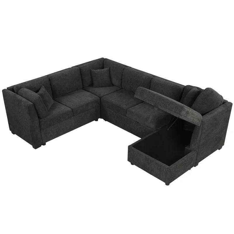 U-Shaped Sectional Sofa Pull Out Sofa Bed With Two USB Ports, Two Power Sockets, Three Back Pillows 
