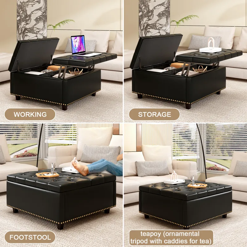 Large Square Storage Stool With Two Storage Doors, Footstool For Living Room Studded Mid-Century Mod