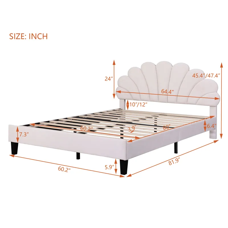 Queen Size Upholstered Platform Bed With Flower Pattern Velvet Headboard - Beige