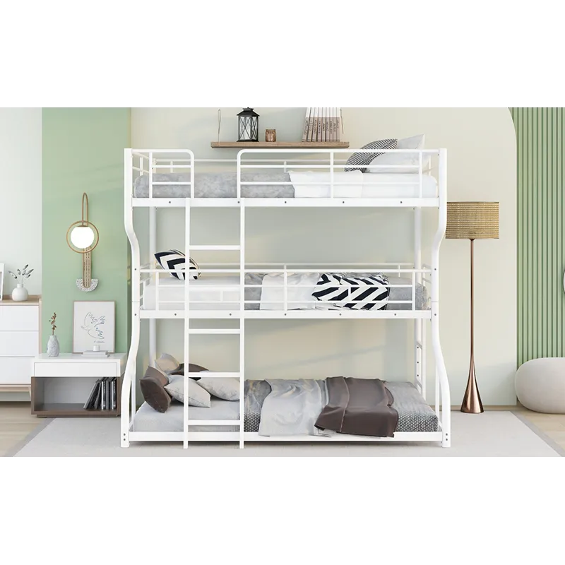 Full Long Over Twin Long Over Queen Size Triple Bunk Bed With Long And Short Ladder - White