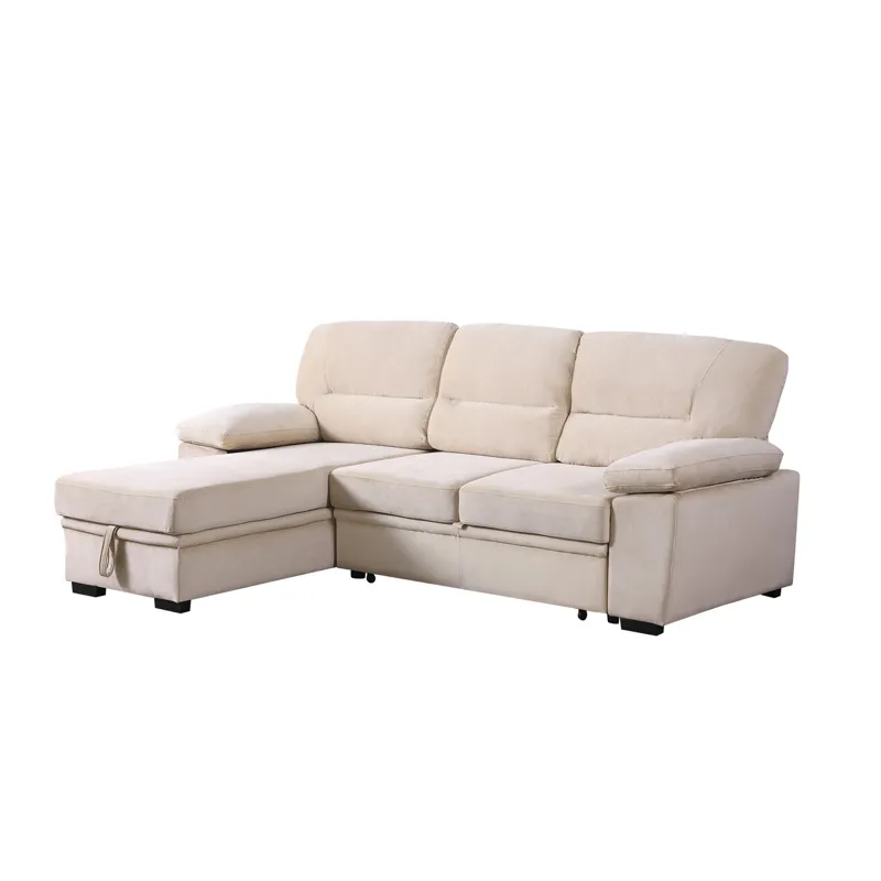 Kipling - Velvet Fabric Reversible Sleeper Sectional Sofa Chaise - Beige