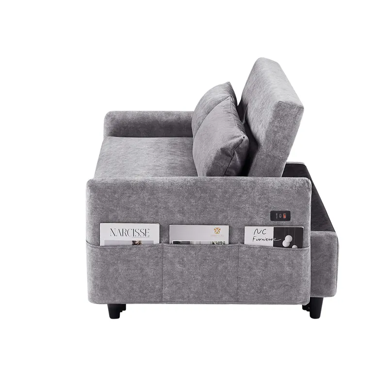 Pull Out Sleep Sofa Bed Loveseats Sofa Couch With Adjsutable Backrest, Storage Pockets, 2 Soft Pillo