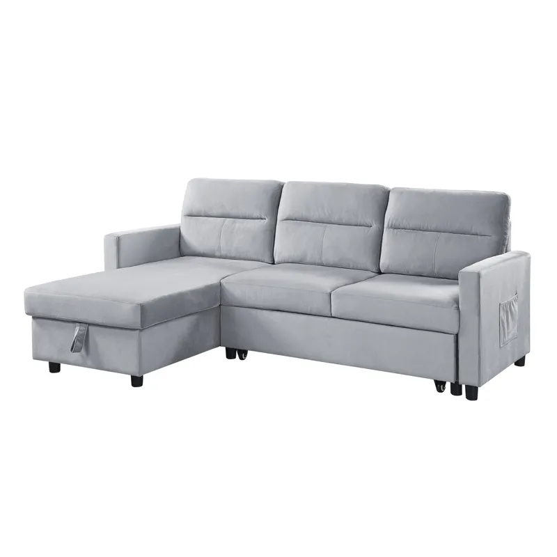 Ruby - Velvet Reversible Sleeper Sectional Sofa With Storage Chaise And Side Pocket - Light Gray