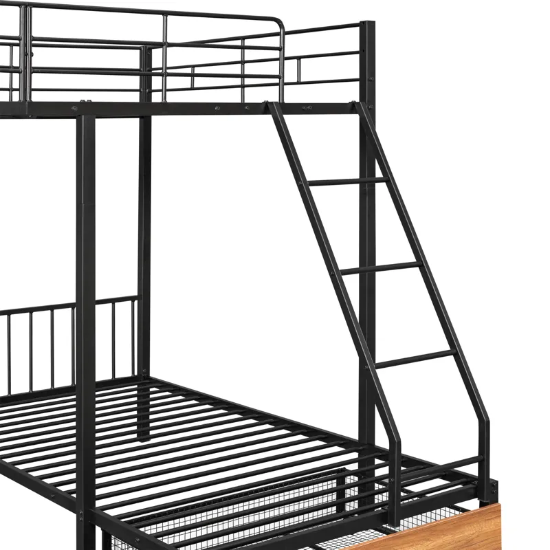 Full Over Twin & Twin Bunk Bed, Metal Triple Bunk Bed With Drawers And Guardrails - Black