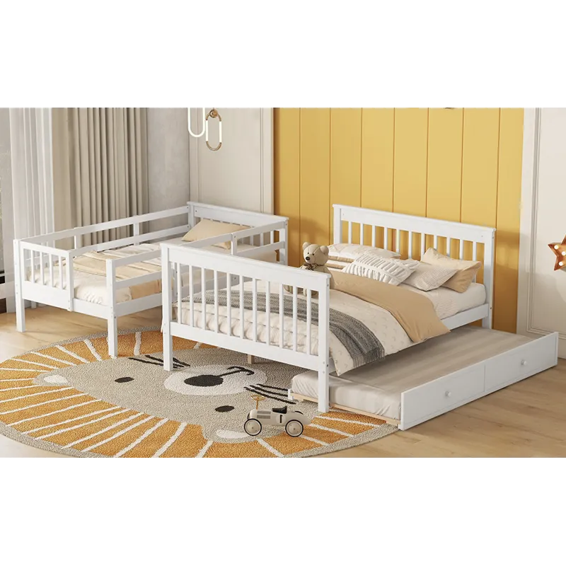 Twin Over Full Bunk Bed With Twin Size Trundle, Storage And Guard Rail For Bedroom, Dorm, For Adults