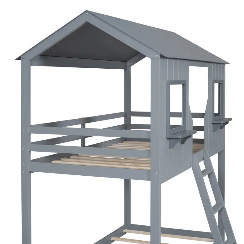78\" Twin Over Twin Bunk Bed Wood Bed With Roof, Window, Guardrail, Ladder - Gray