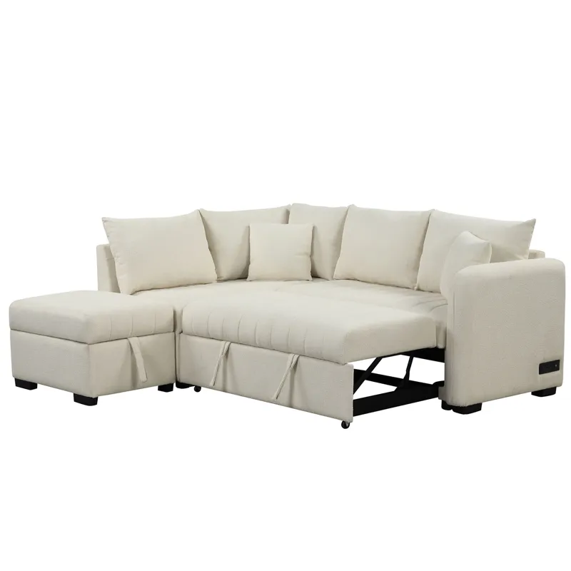 L-Shaped Sectional Pull Out Sofa Bed Sleeper Sofa With Two USB Ports, Two Power Sockets And A Movabl