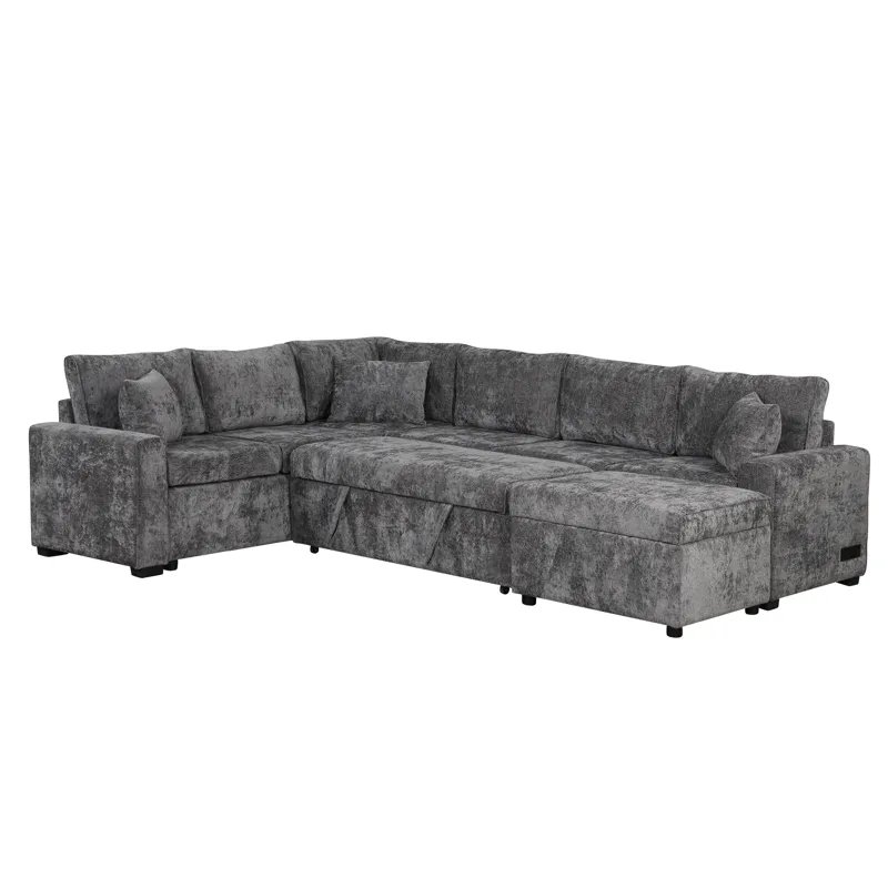 Sectional Sofa Pull-Out Sofa Bed Sleeper With A Storage Ottoman, Three Pillows And Charging Devices 