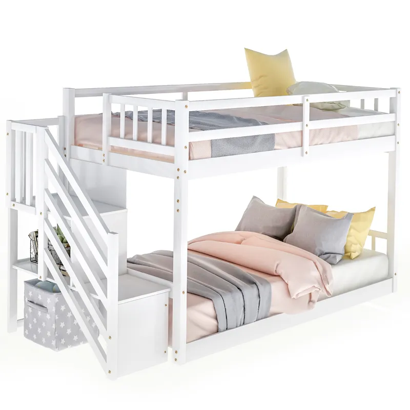 Twin Over Twin Floor Bunk Bed, Ladder With Storage - White