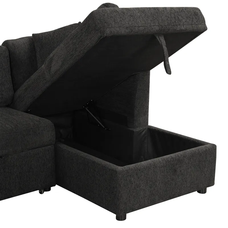 U-Shaped Sectional Sofa Pull Out Sofa Bed With Two USB Ports, Two Power Sockets, Three Back Pillows 