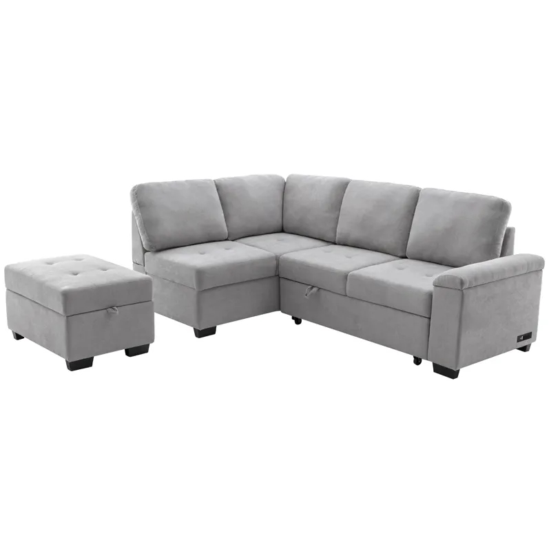 Sleeper Sectional Sofa, L-Shape Corner Couch Sofa - Bed With Storage Ottoman & Hidden Arm Storage & 