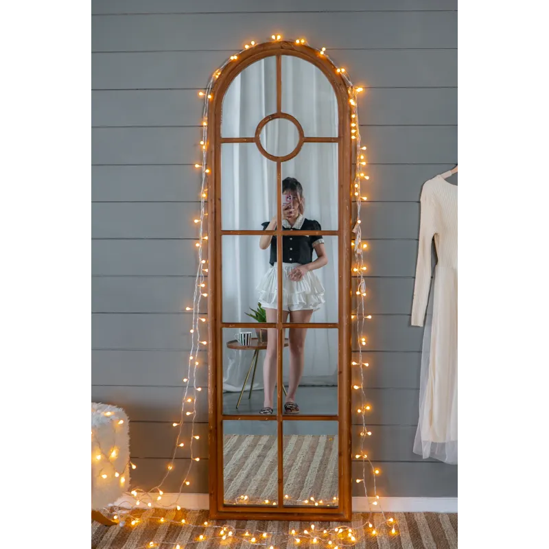 Half Round Elongated Mirror With Decorative Window Look Classic Architecture Style Solid Fir Wood In