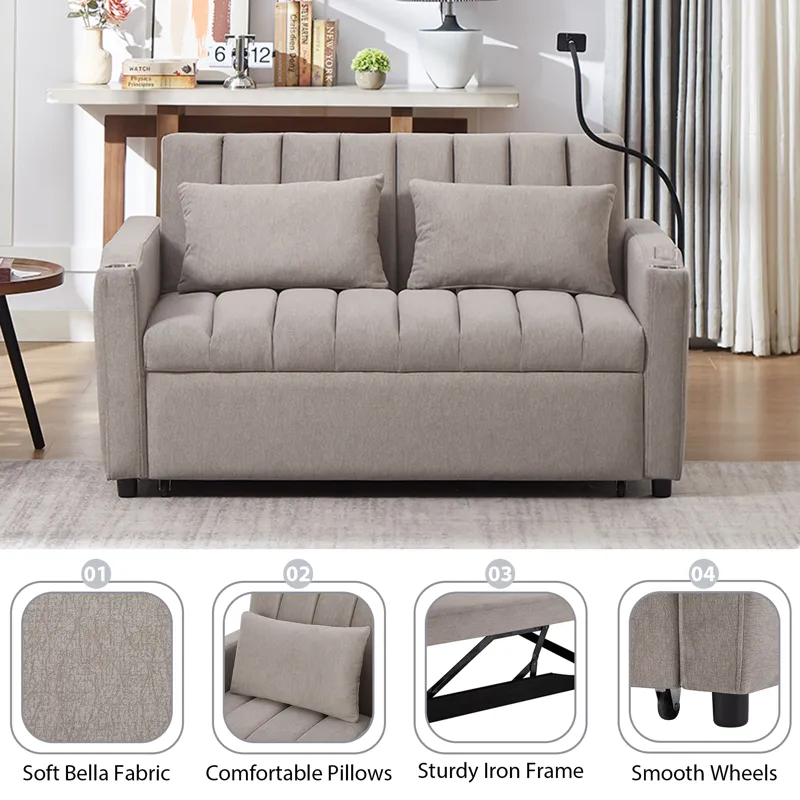 Convertible Sofa Bed Loveseat Sofa With Three USB Ports, Two Side Pockets, Two Cup Holders And 360° 